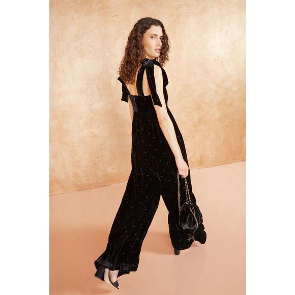 ULLA JOHNSON Minnet Jumpsuit Jet Black Size 4 Embroidered Polka Dot Velvet Chic - Picture 5 of 16